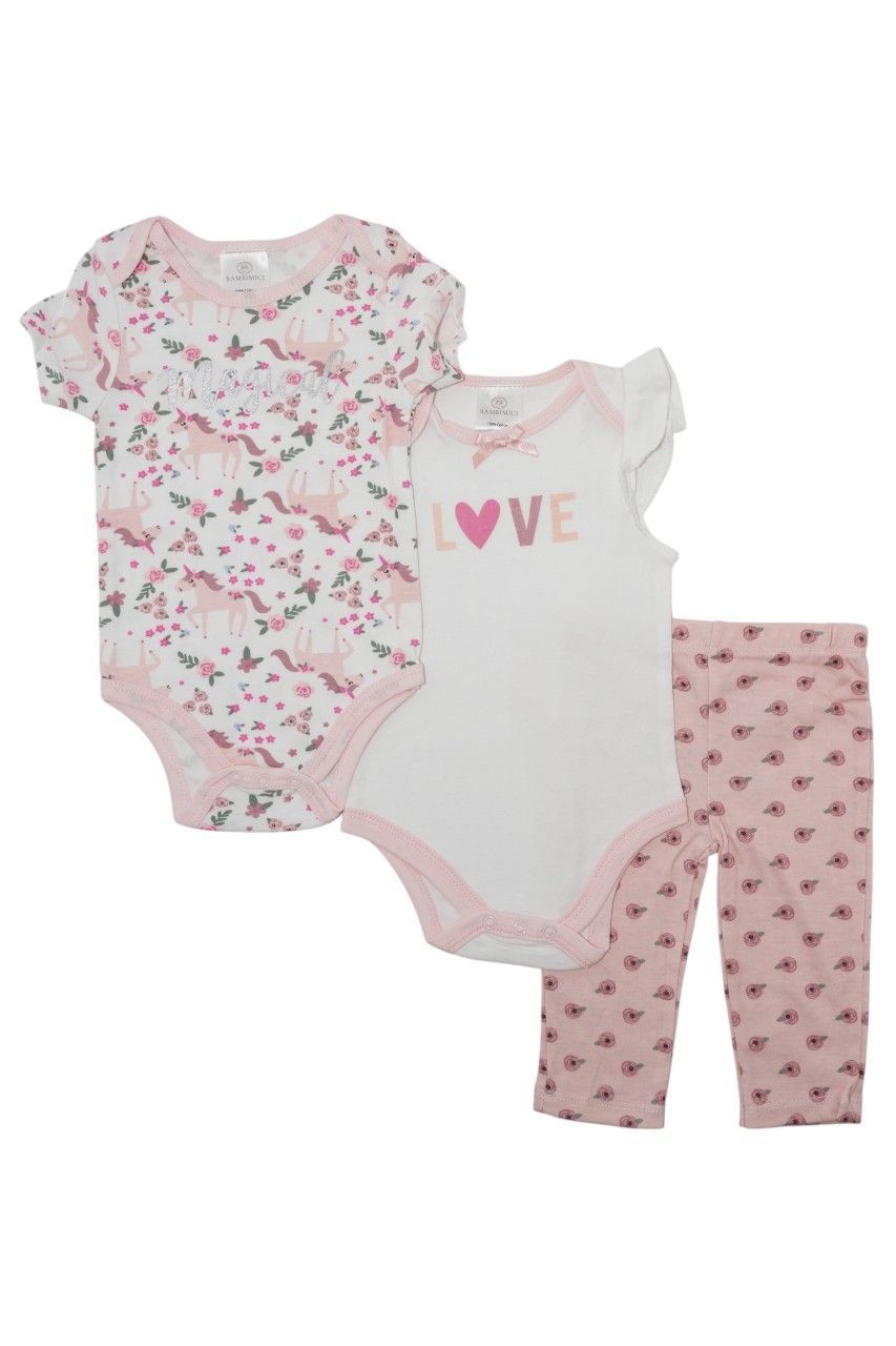 Bambimici - 3pc-Set - Unicorn Print Short Sleeve Bodysuit With Pyjama - Pink/White