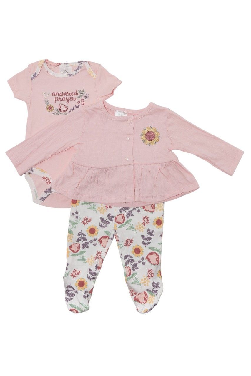 Bambimici - 3pc-Set - Baby' Floral Print Bodysuit & Top With Pyjama - Peach