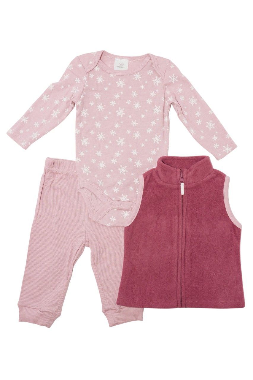 Bambimici - 3pc-Set - Snowflakes Printed Bodysuit With Zipper & Pyjama - Dark Pink