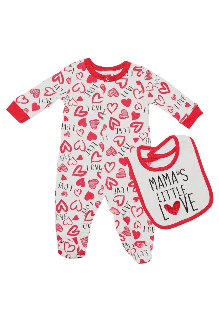 Bambimici - Mama's Little Love Printed Bodysuit With Bib - Red/White