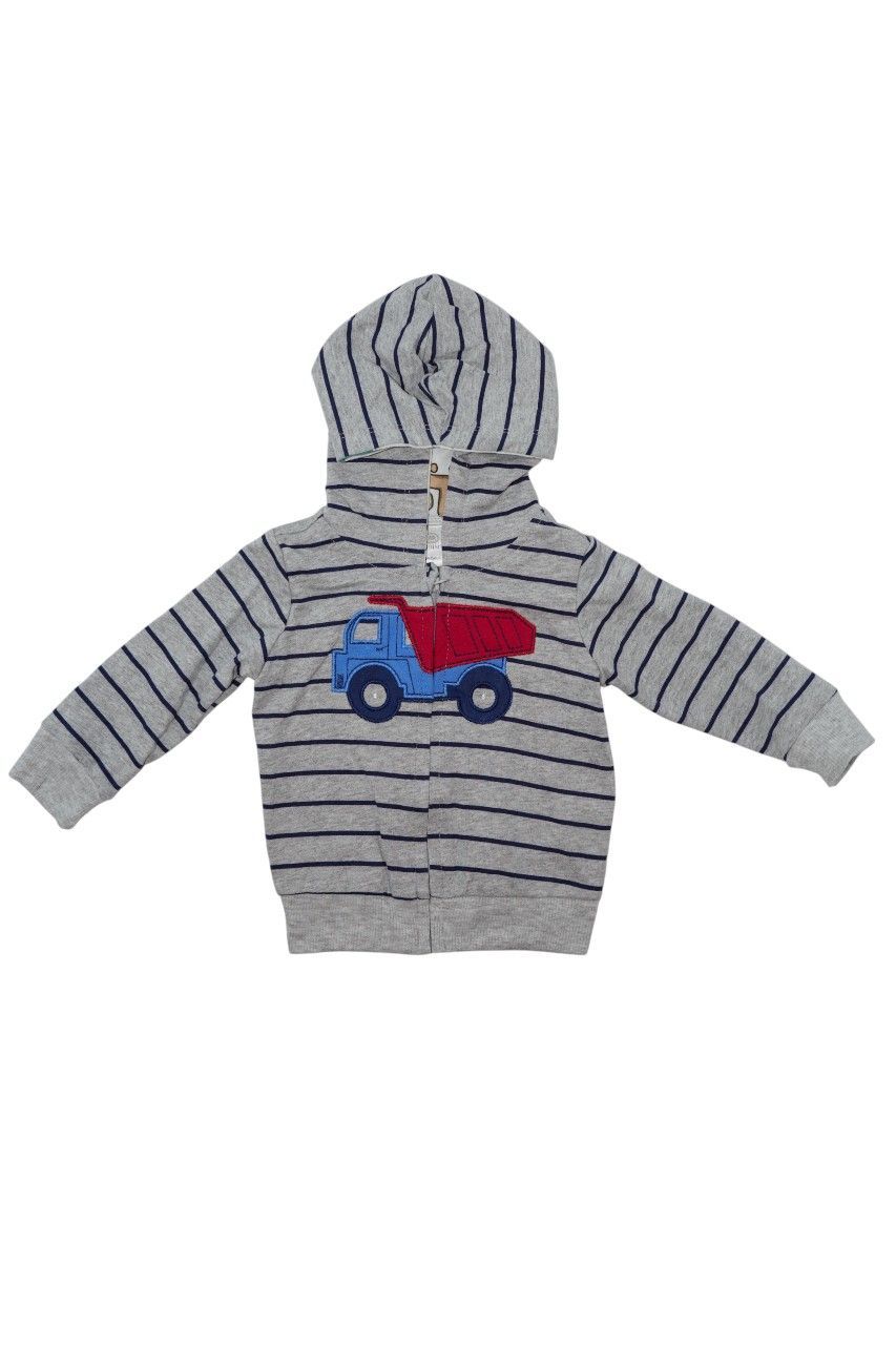 Bambimici - Boy's Vehicle Printed Striped Hoodie - Grey