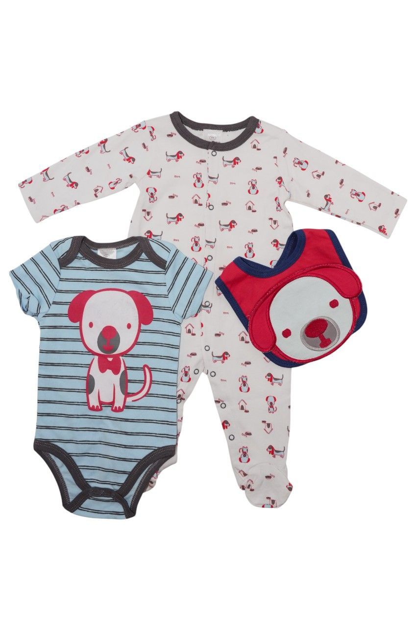 Bambimici - 3pc-Set - Baby' Dog Printed Bodysuit With Bib - Multicolor