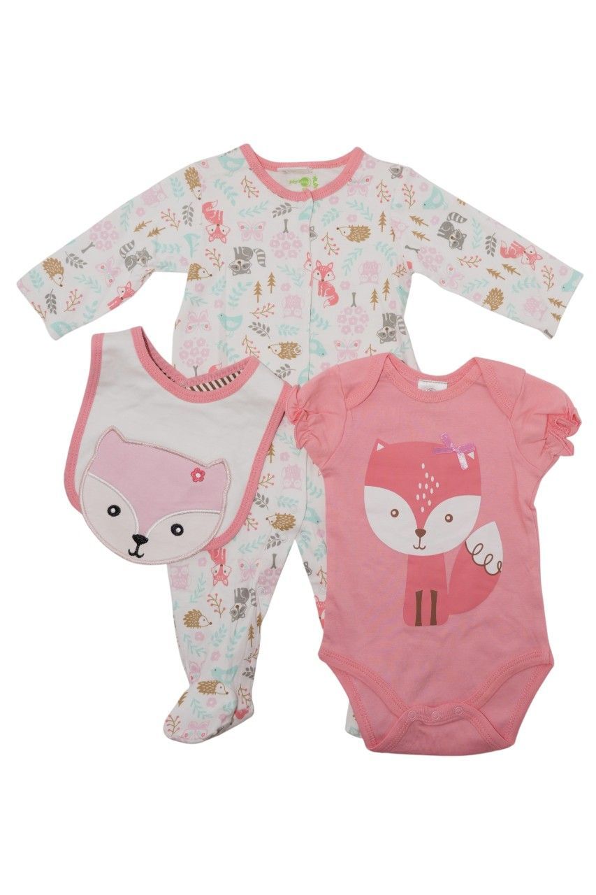 Bambimici - 3pc-Set - Baby Fox Printed Bodysuit With Bib - White/Pink