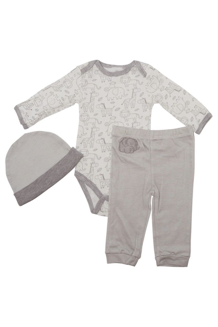 Bambimici - 3pc-Set - Baby Giraffe Printed Bodysuit & Pyjama With Hat - Grey