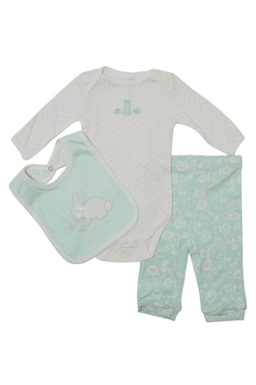 Bambimici - 3pc-Set - Baby' Rabbit Printed Bodysuit & Pyjama With Bib - Multicolor