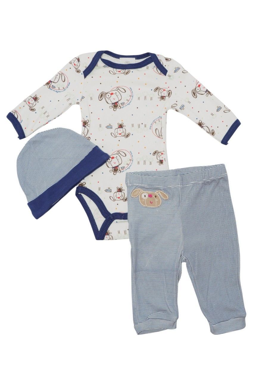 Bambimici - 3pc-Set - Baby' Dog Printed Bodysuit & Pyjama With Hat - Dark Blue