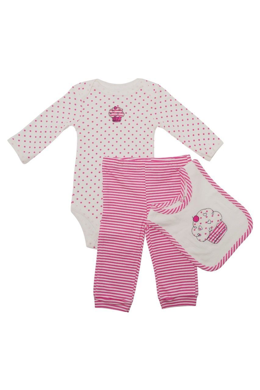 Bambimici - 3pc-Set - Baby' Cupcake Printed Bodysuit & Pyjama With Bib - Pink