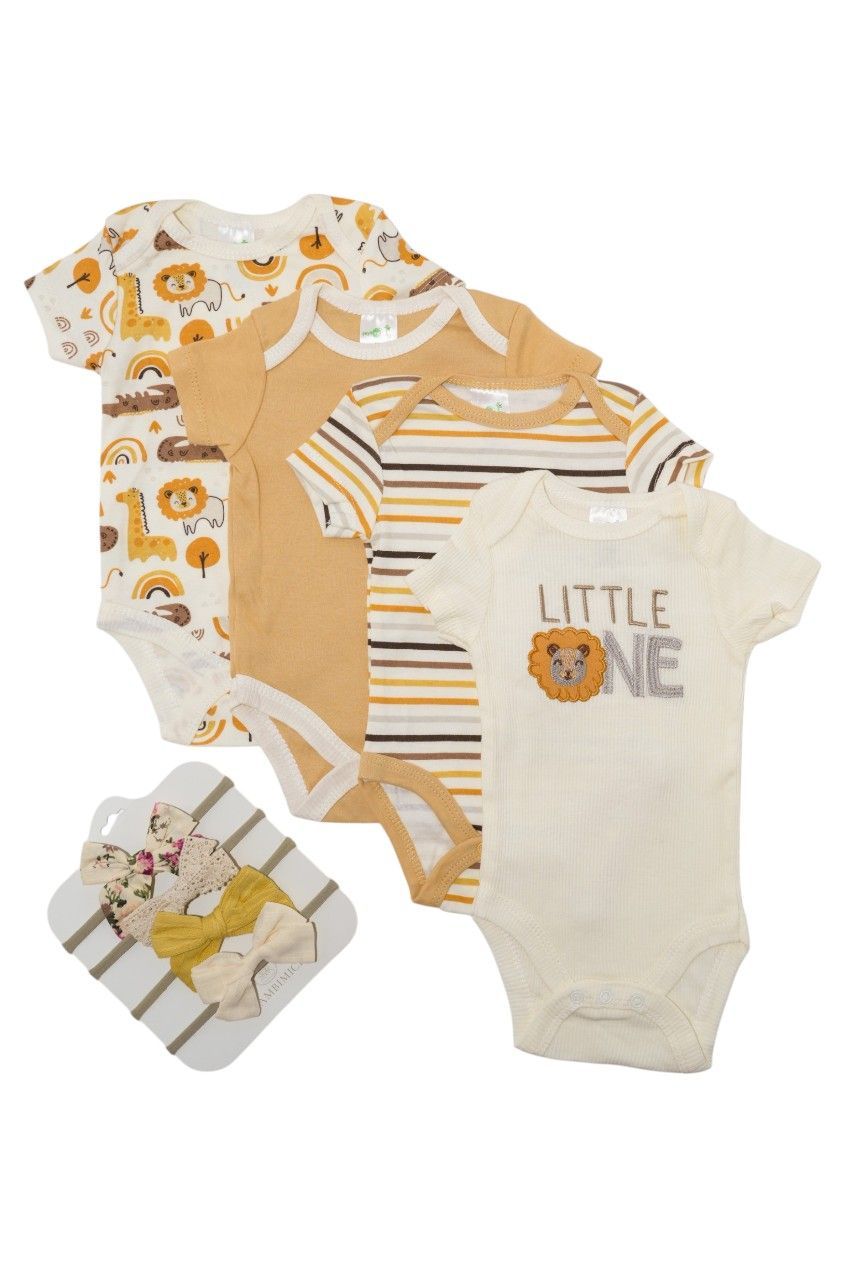 Bambimici - Lion Print Babysuit 4-Piece Set With Headbands - Yellow