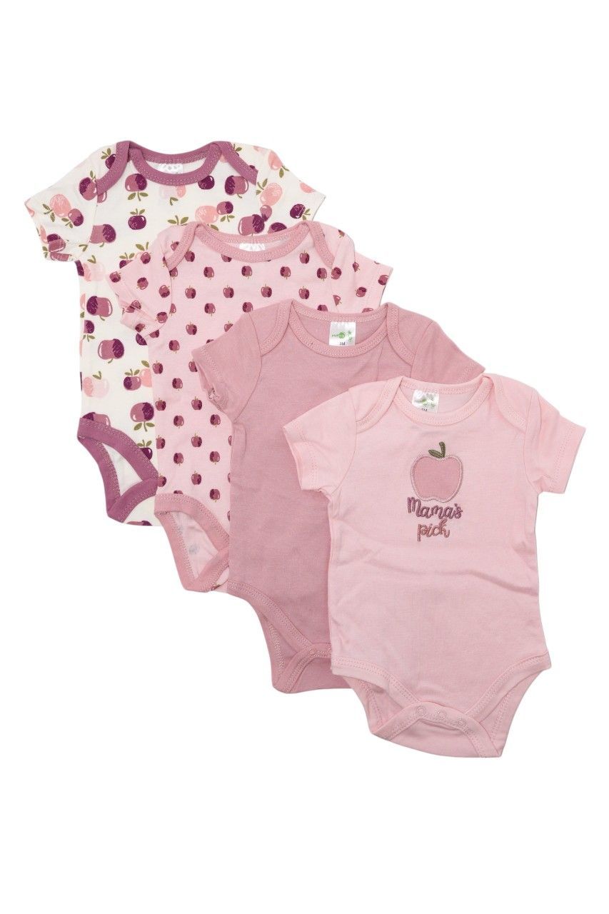 Bambimici - Apple Print Babysuit 4-Piece Set With Headbands - Pink