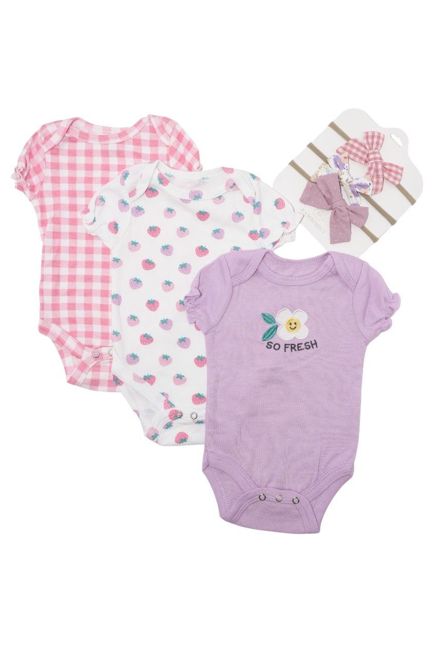 Bambimici - Strawberry Print Babysuit 3-Piece Set With Headbands - Pink/Purple