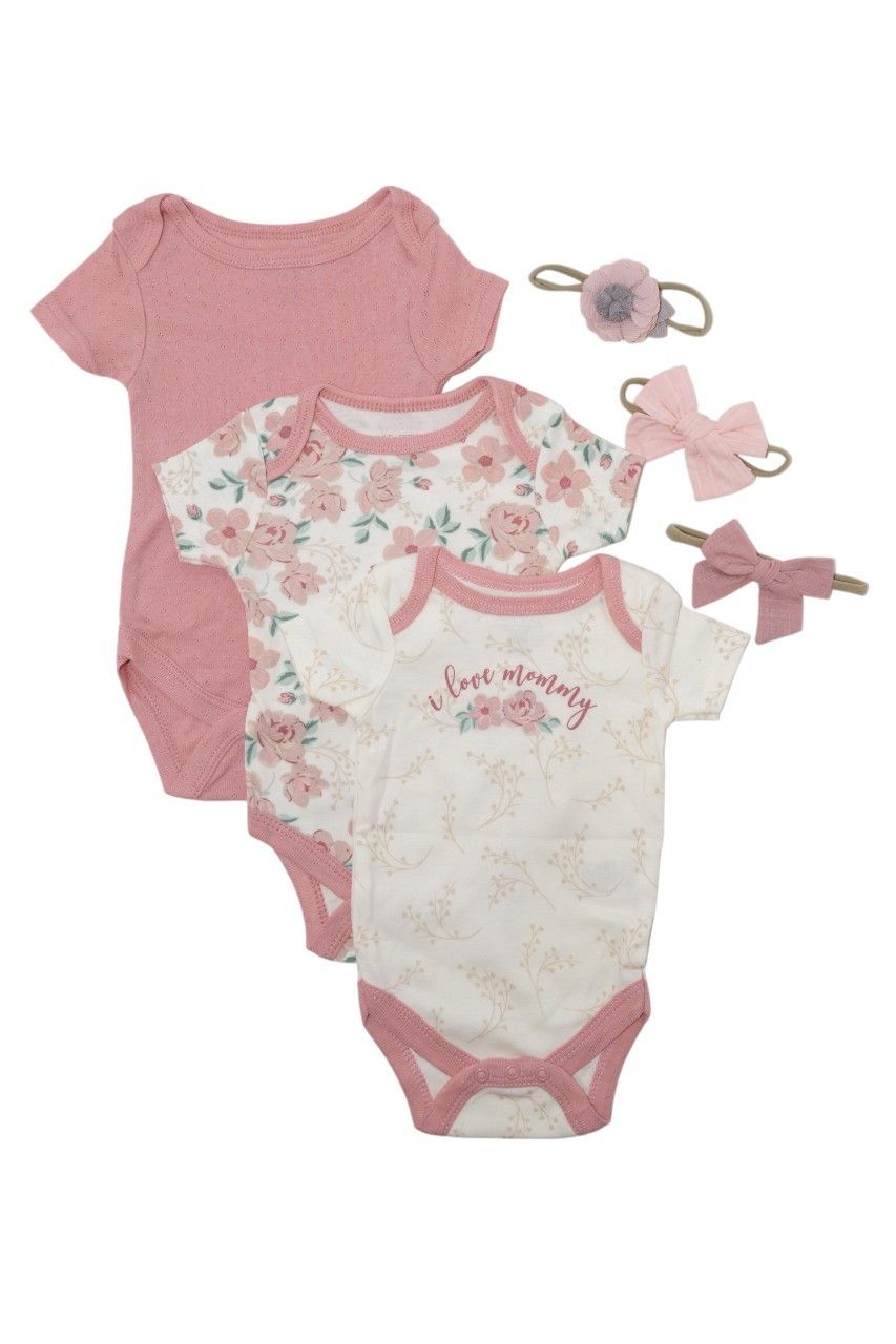 Bambimici - Floral Print Babysuit 3-Piece Set With Headbands