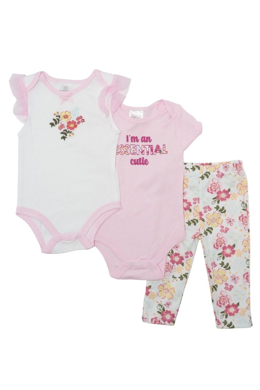 Bambimici - Flower Print Short Sleeve With Pyjama 3pc Set - Pink