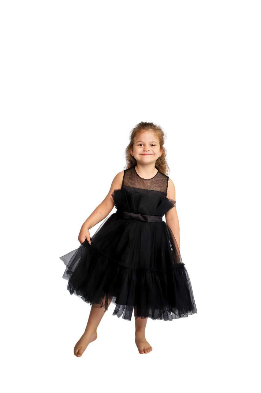 D' Daniela - Girl's Bow Front Ruffle Hem Mesh Gown Dress - Black_80cm