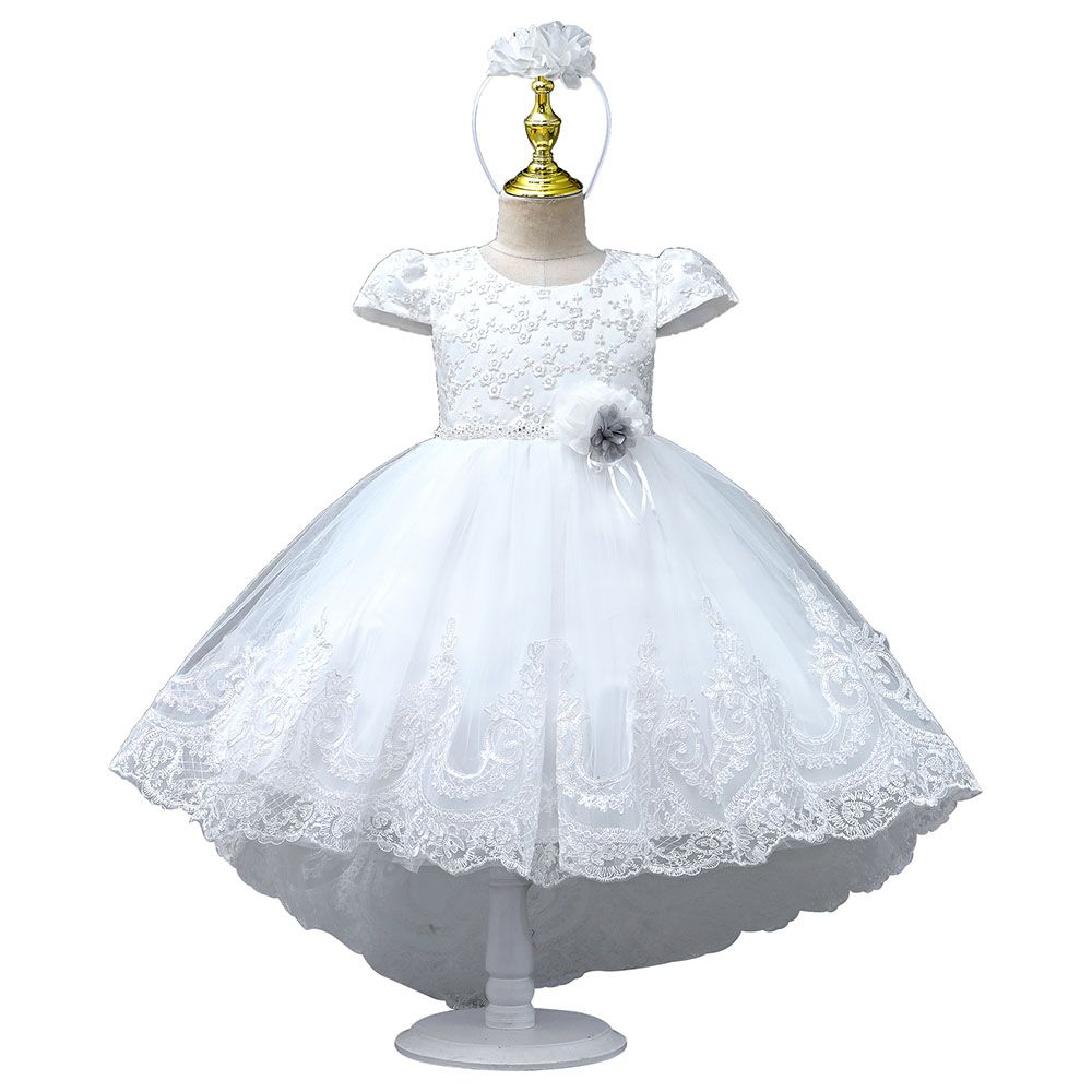 Ddaniela - Delia Flower Party Dress with Headband - White