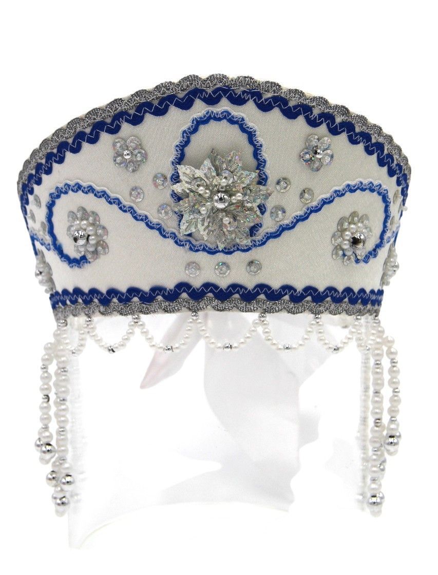 D' Daniela - Women's Traditional Headdress Kokoshnik - White With Navy Blue Braid