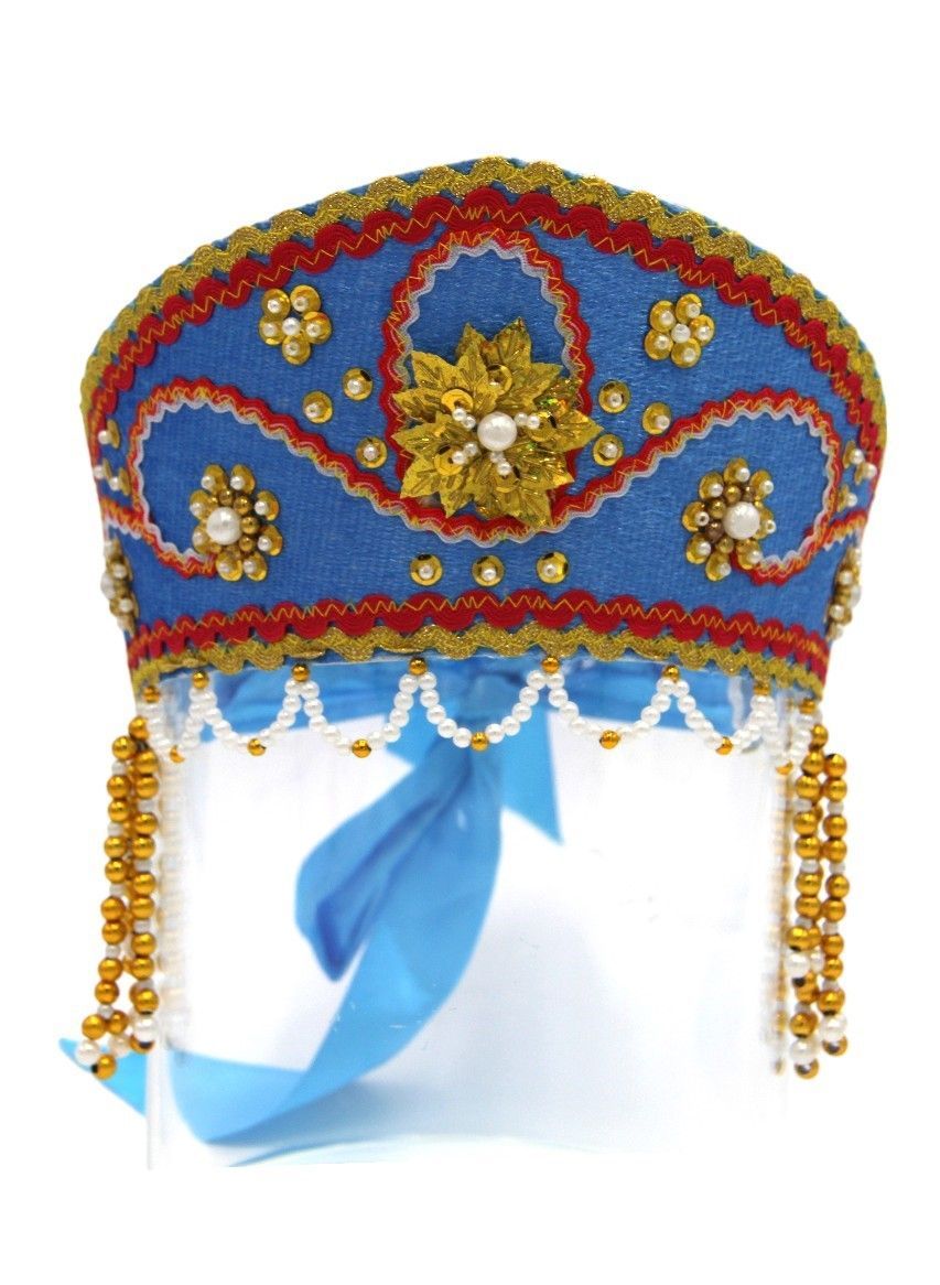 D' Daniela - Women's Traditional Headdress Kokoshnik - Blue & Red Braid With Gold Beads