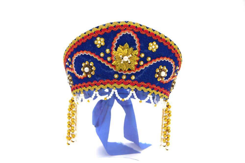 D' Daniela - Women's Traditional Headdress Kokoshnik - Blue W/ Red Braid and Gold Beads