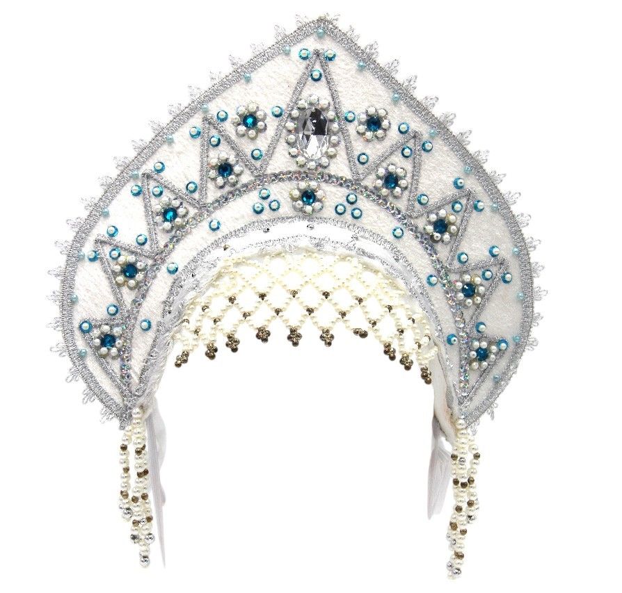 D' Daniela - Women's Traditional Headdress Kokoshnik - White With Blue & White Beads