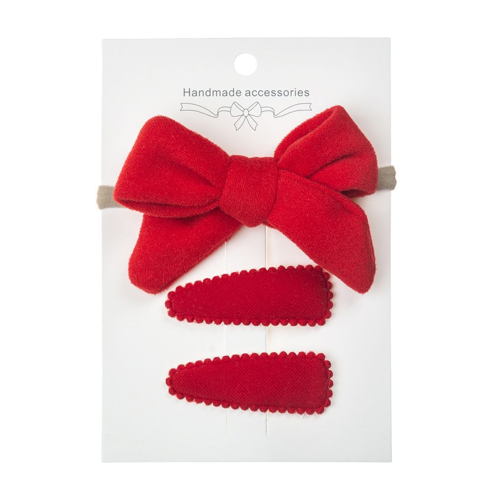 D' Daniela - Sara Ribbon Bow Clip Set W/ Ponytail For Babies & Girls - Red