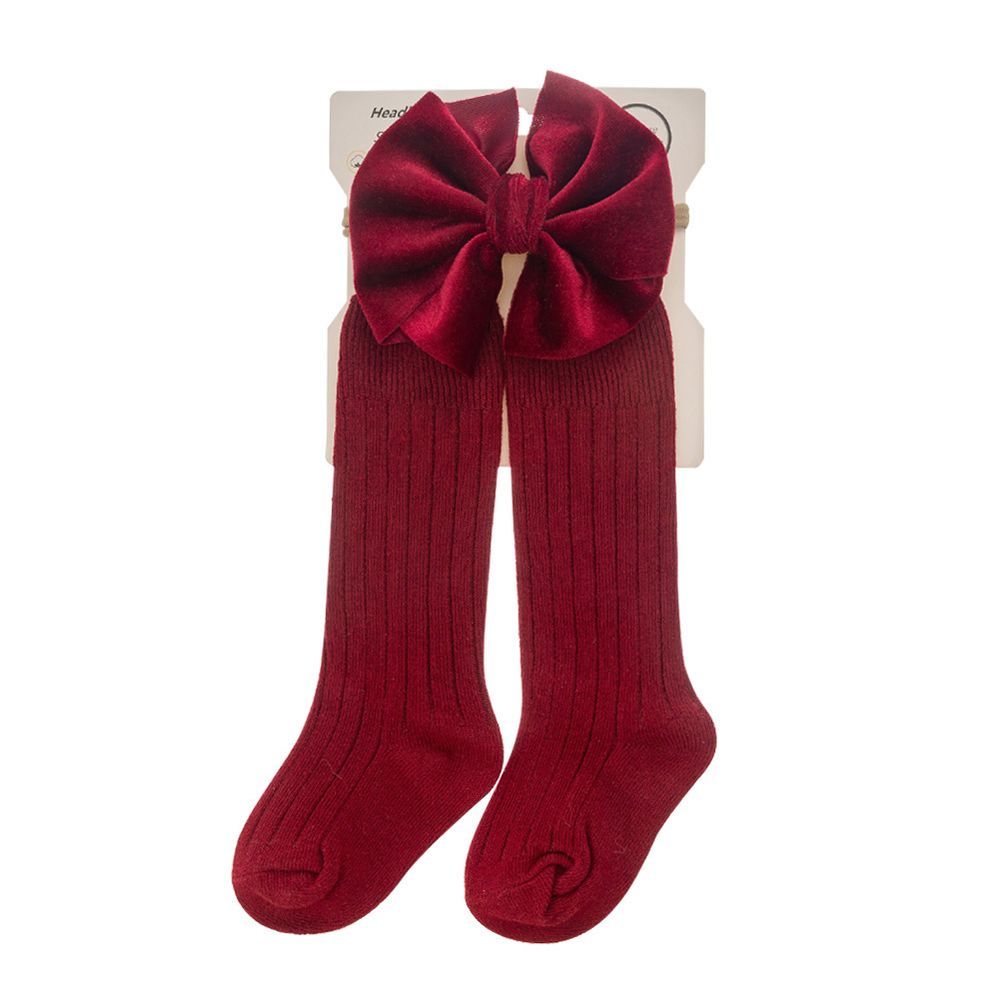 D' Daniela - Mikha Socks & Ribbon Bow Set For Babies & Girls - Rosy Red