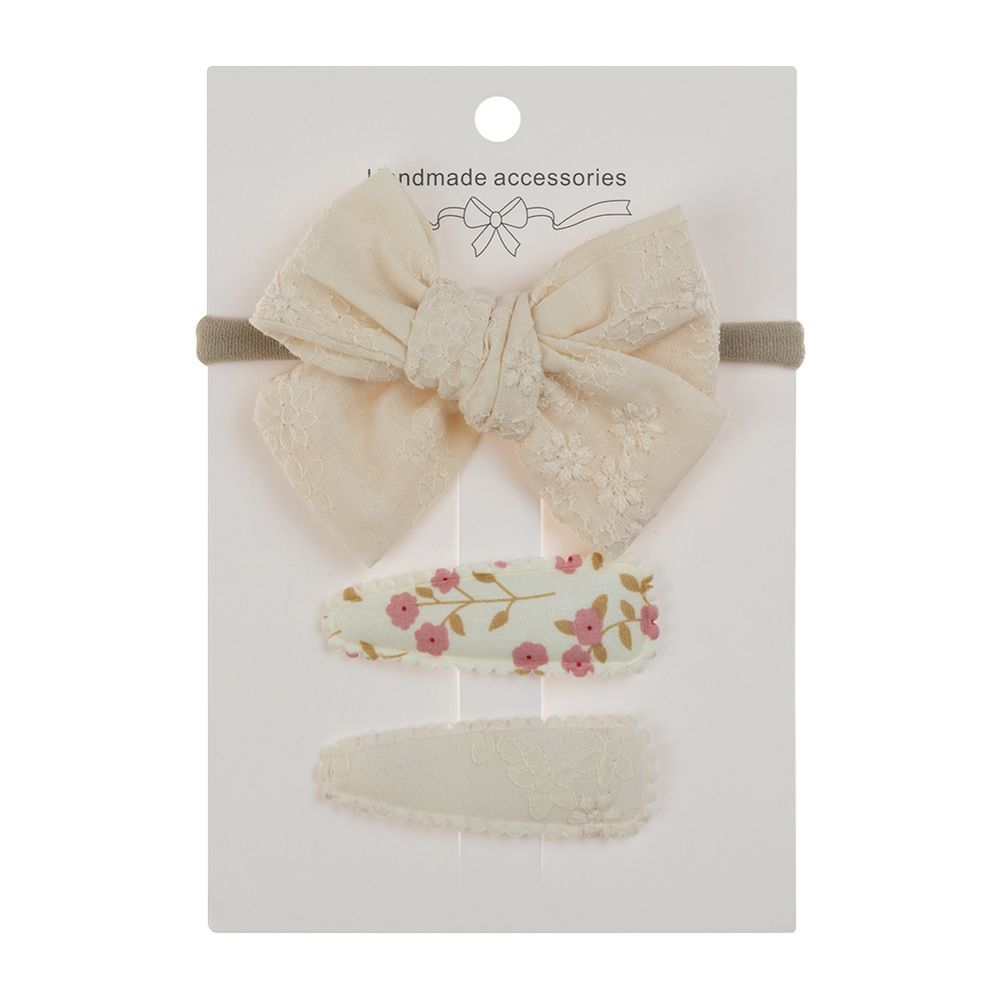 D' Daniela - Jana Ribbon Bow Clip Set W/ Ponytail For Babies & Girls - Cream