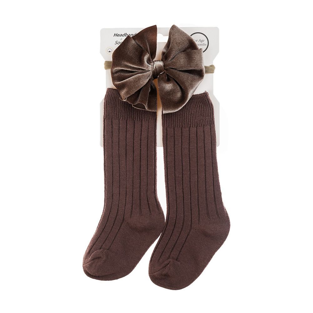 D' Daniela - Mikha Socks & Ribbon Bow Set For Babies & Girls - Dark Brown