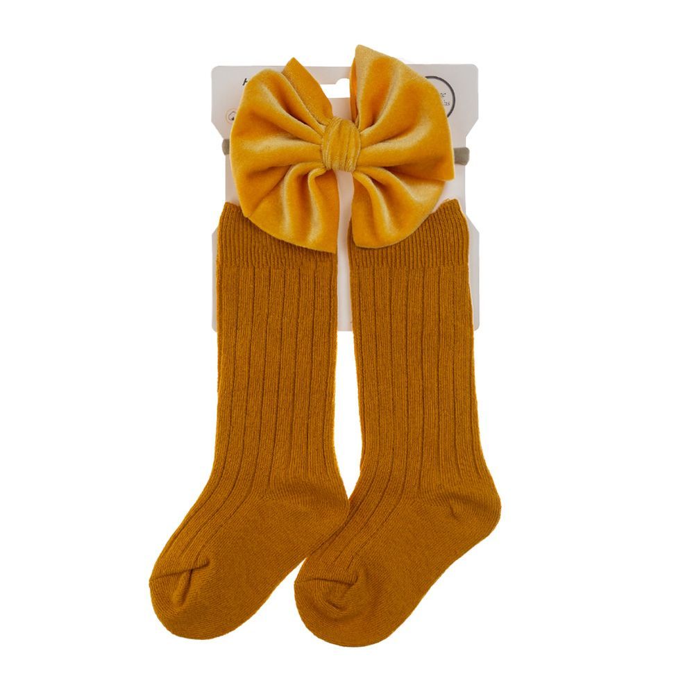 D' Daniela - Mikha Socks & Ribbon Bow Set For Babies & Girls - Mustard Yellow