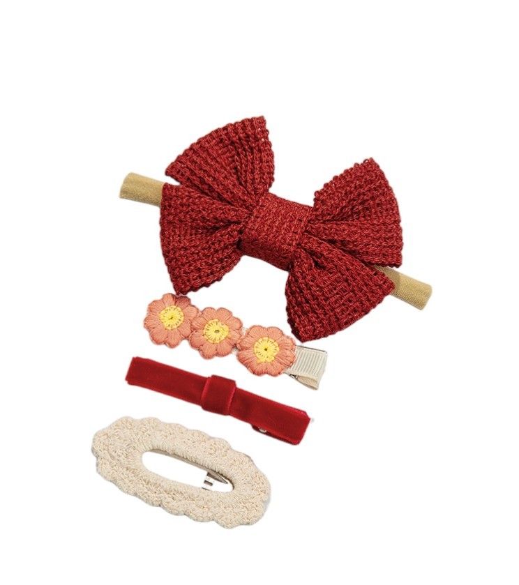 D' Daniela - Eira Ribbon, Bow, Clip And Ponytail Set - Maroon - 4 Pcs