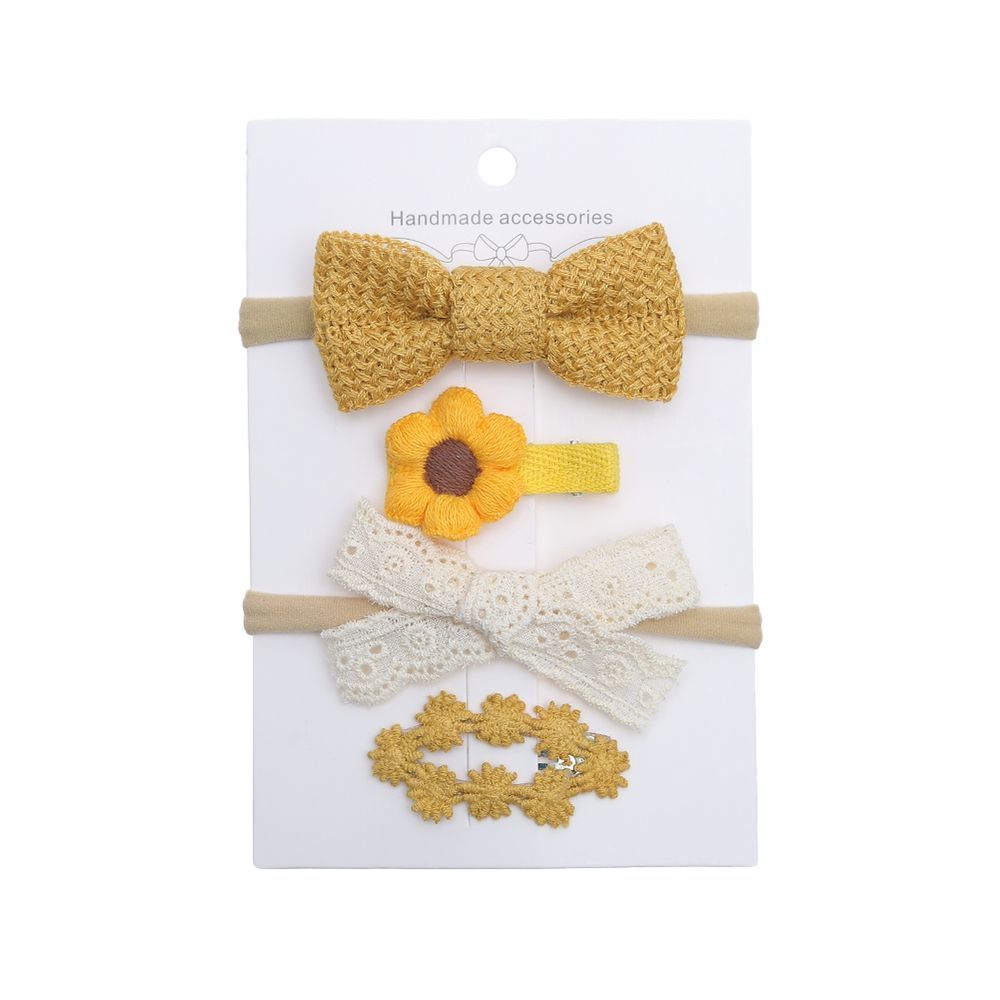 D' Daniela - Ria Ribbon Bow Clip Set With Ponytail - 4pcs - Yellow/White