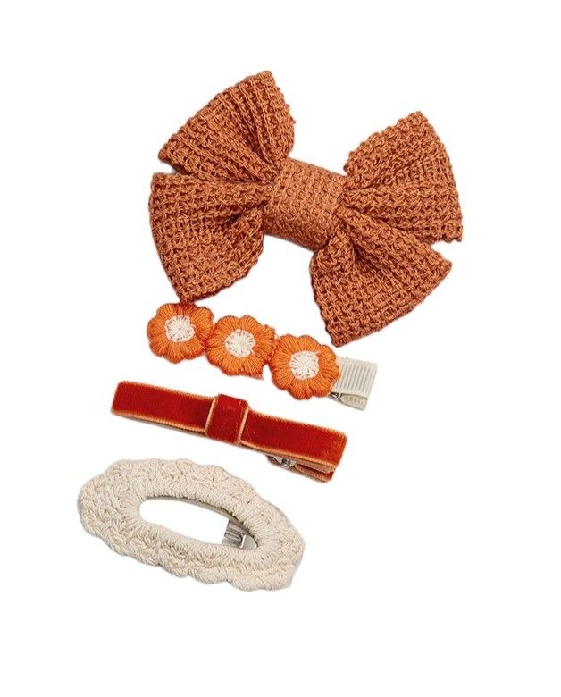 D' Daniela - Eira Ribbon, Bow, Clip And Ponytail Set - Dark Orange - 4 Pcs