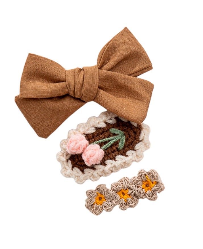 D' Daniela - Angela Ribbon, Bow And Clip Set - Brown - 3 Pcs