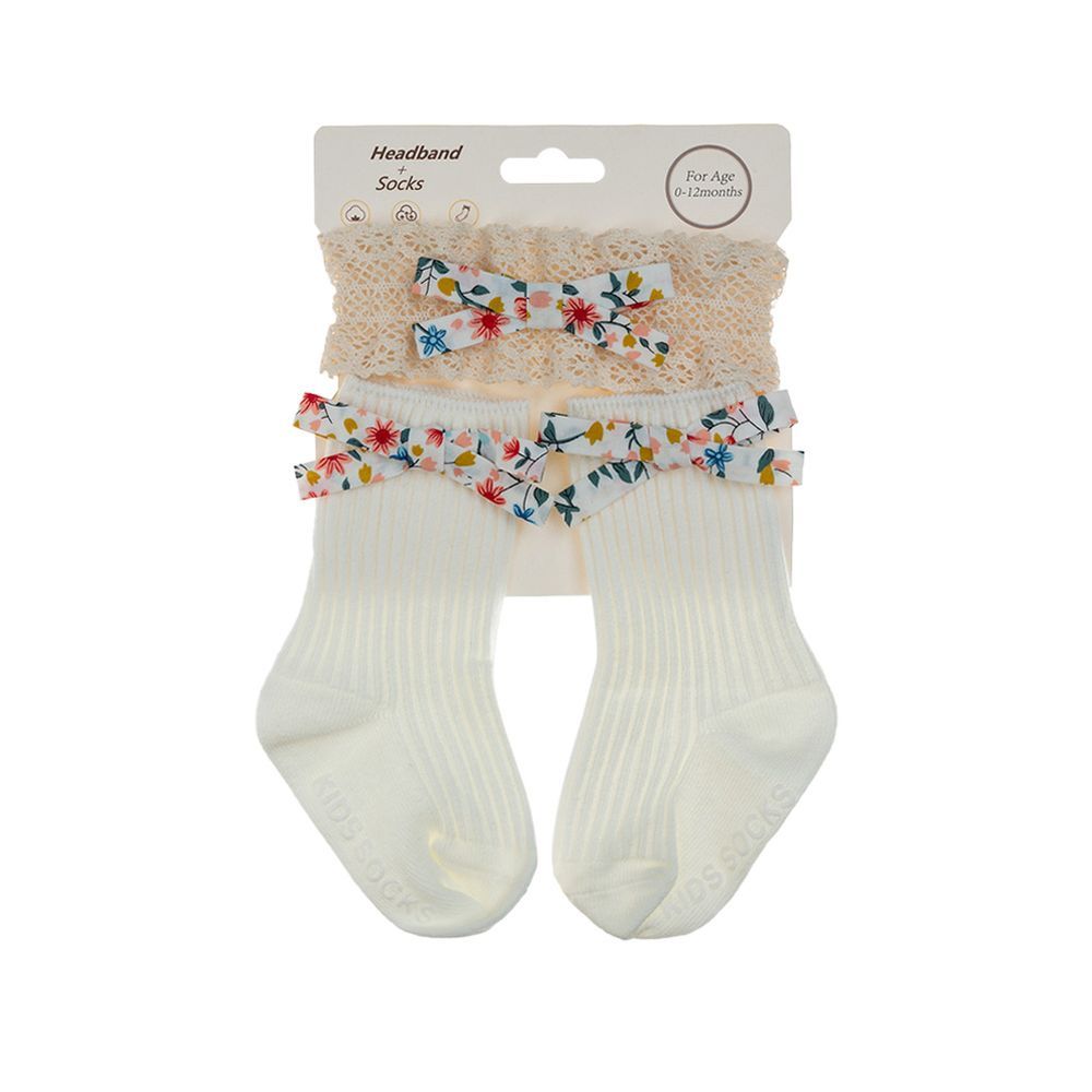 D' Daniela - Victoria Ribbon Bow Turban And Socks Set - White