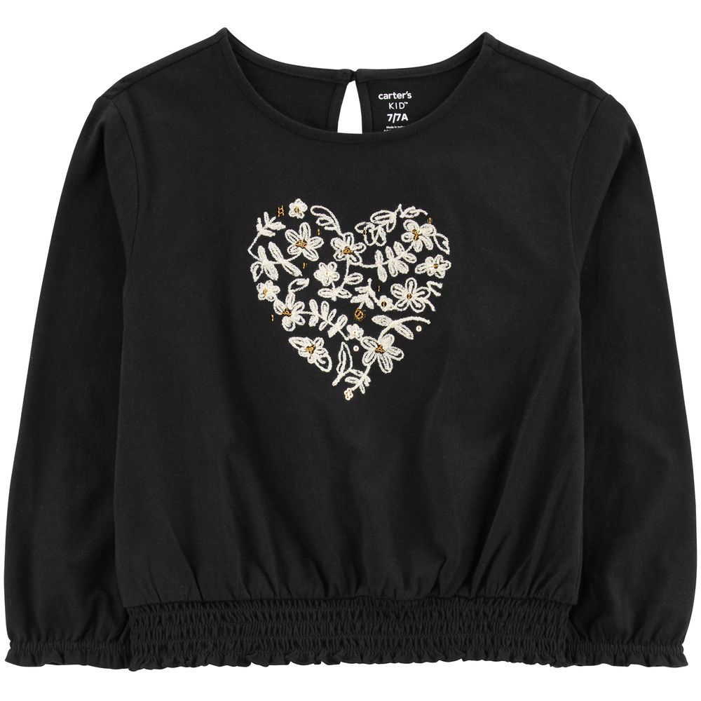 Carters - Girl's Heart Embroidered Top - Black