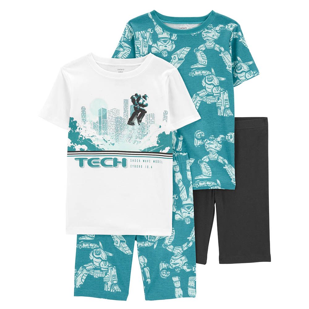 Carters - 4pc-Set - Boys Robot Printed T-Shirt And Shorts - Blue/White