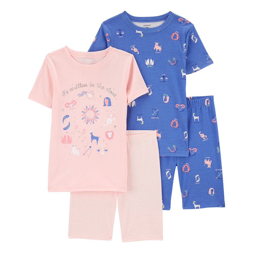 Carters - 4pc-Set - Girls In The Stars Printed T-Shirt And Shorts - Pink/Blue