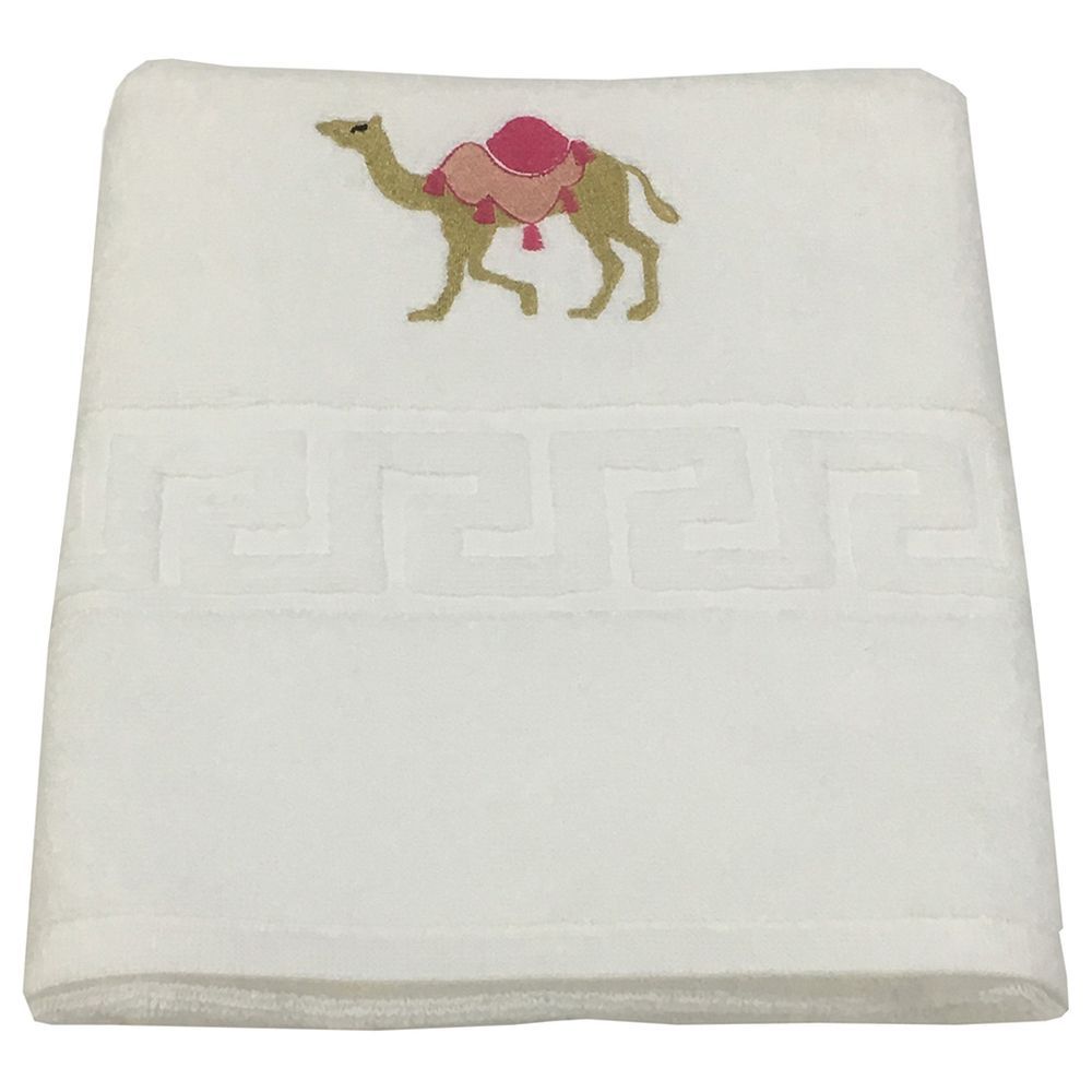 Byft - Camel Pink Embroidered Premium Hand Towel - White