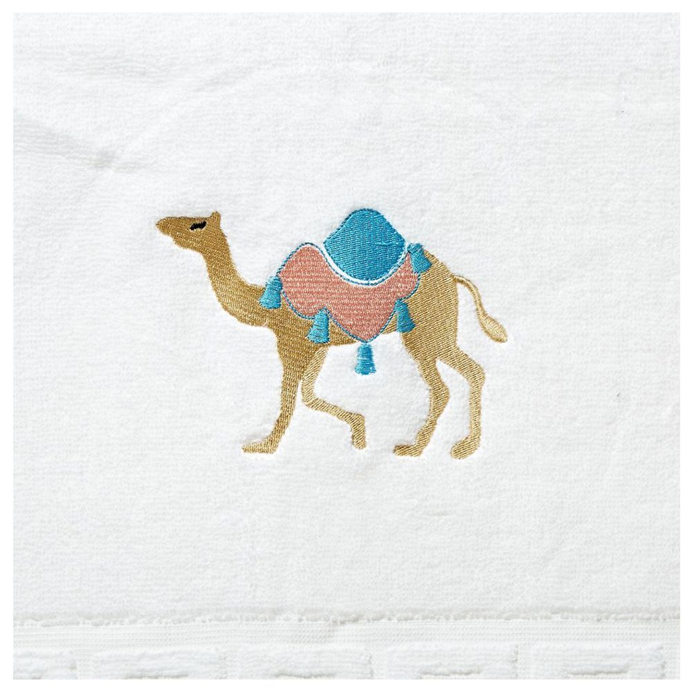 BYFT - Camel Blue Embroidered Bath Towel - White