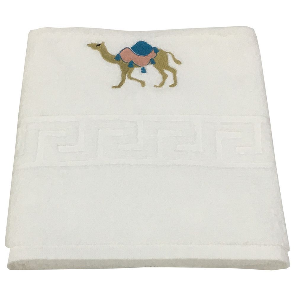 Byft - Camel Blue Embroidered Premium Hand Towel - White