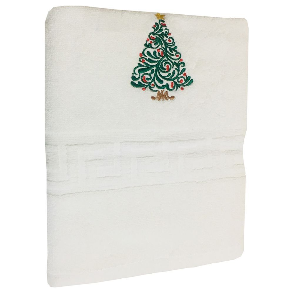 Byft - Vintage Christmas Tree Embroidered Hand Towel - White