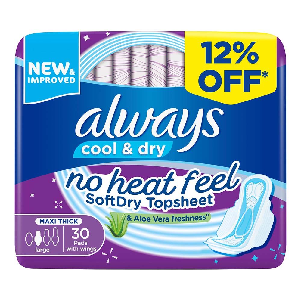 Always Cool & Dry, Maxi Thick, Large Sanitary Pads with Wings, 30 Pads