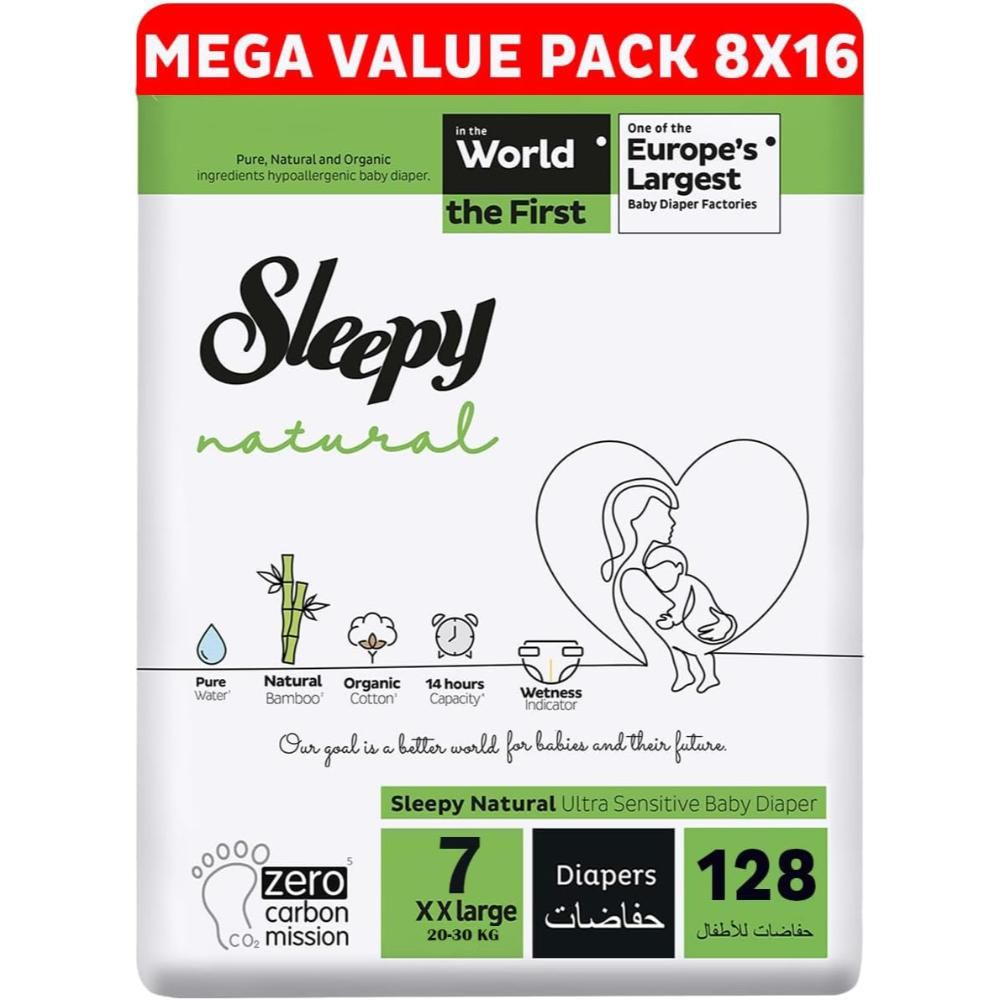 Sleepy - Natural Baby Dry Diapers - Size 7 - 20-30 Kg - 128 Count