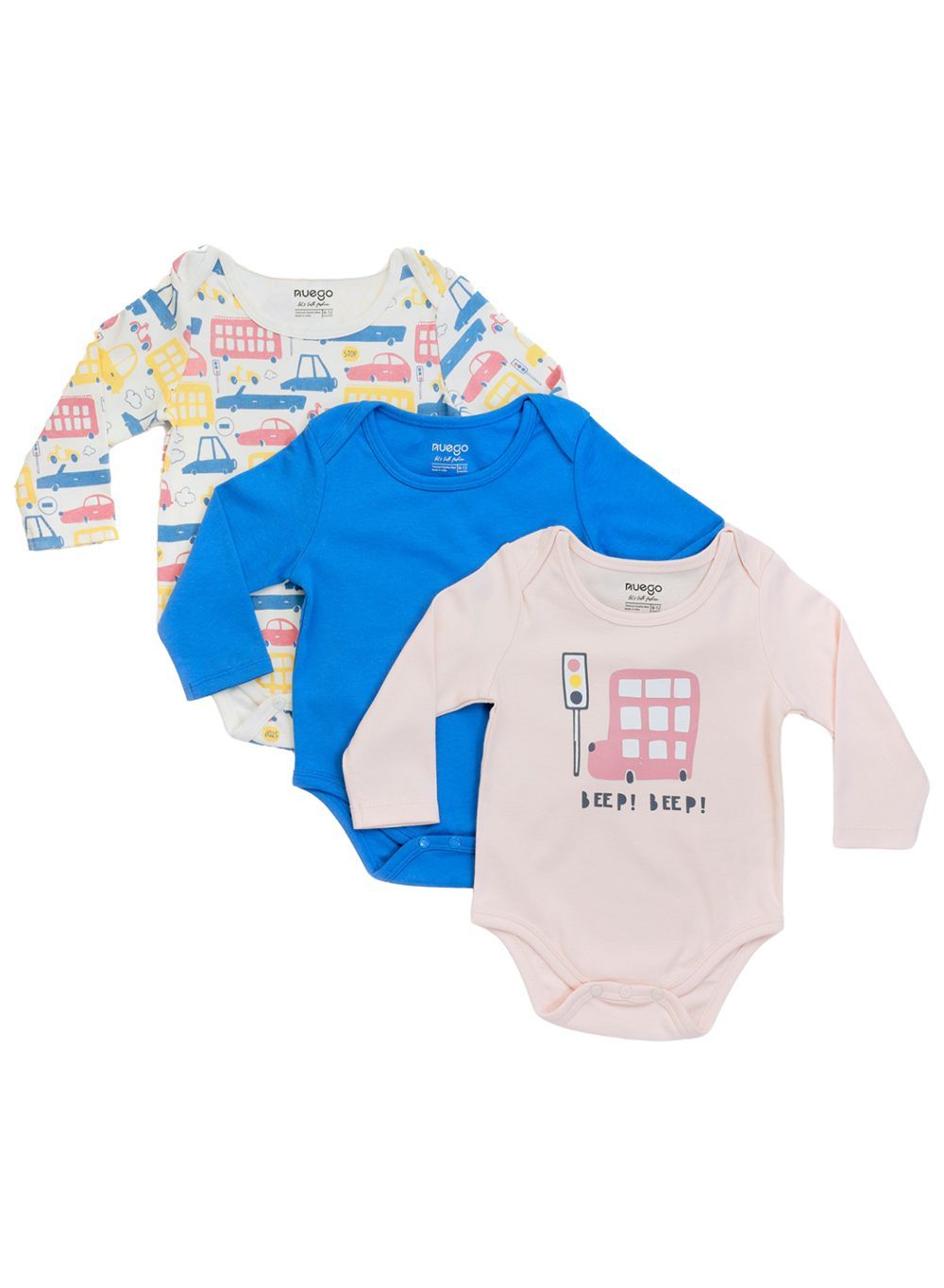 Nuego - Bodysuit/Onesies For Baby Boy - 3pc Set - Blue, White & Pink