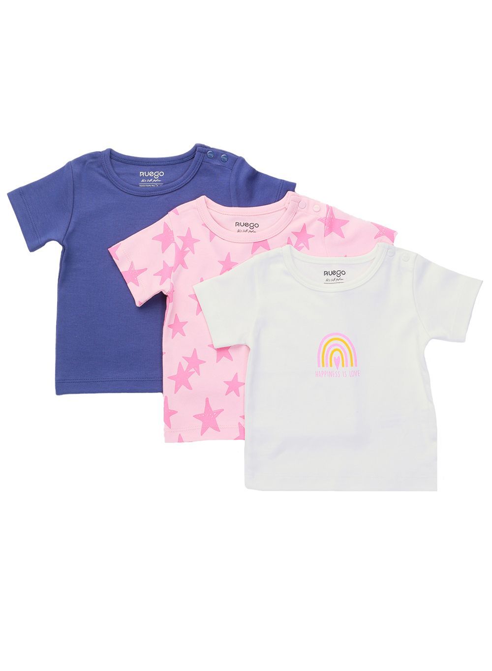 Nuego - 3pc-Set - Baby Girls Short Sleeves Cotton T-Shirt - Blue/Pink/White