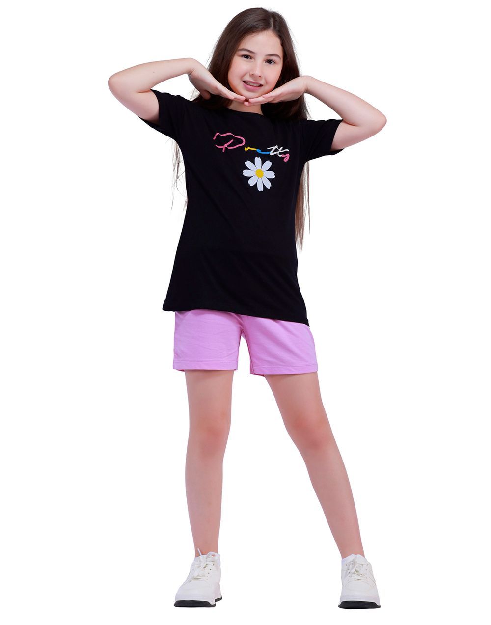 Nuego - Kids Girl Long Tops Tee & Shorts Set - Black & Pink