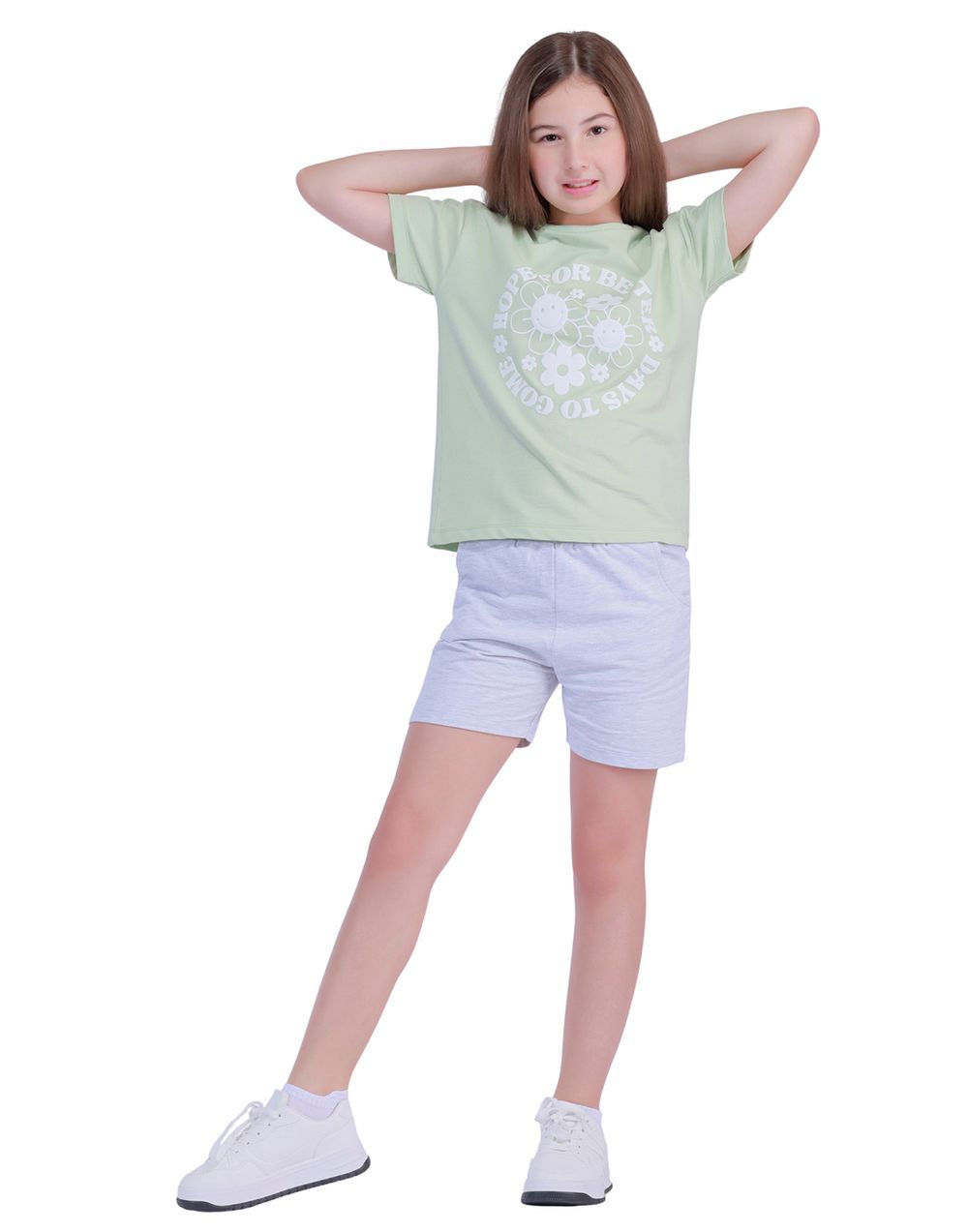 Nuego - Kids Girl Tee & Shorts Sets - Green & Grey