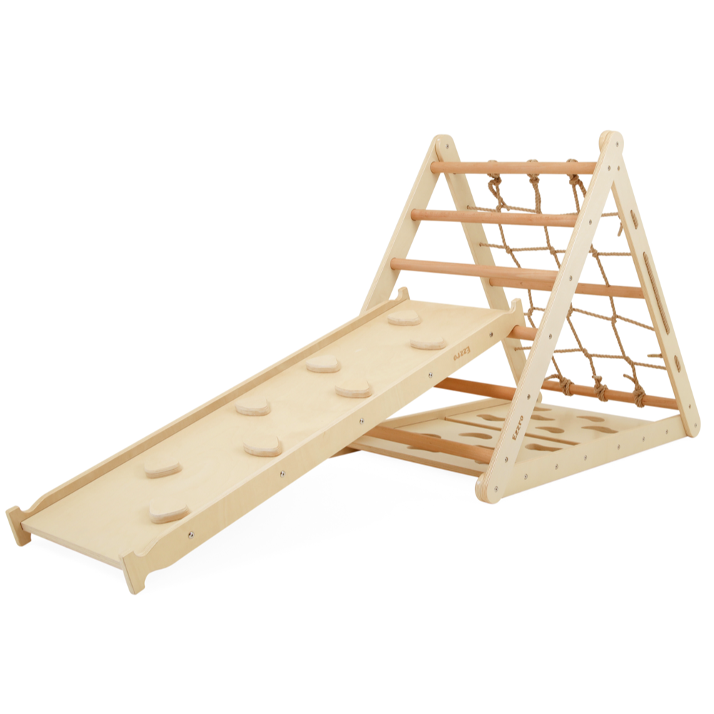 Ezzro - Triple Climbing Triangle Pikler With Rock Ramp And Slide - Natural