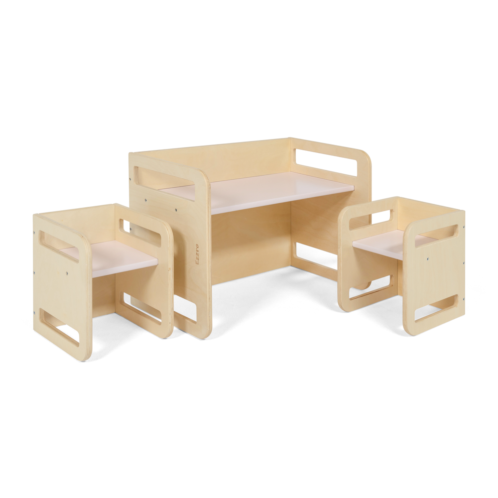 Ezzro - Montessori Two chairs And Table Set - Natural/Light Pink