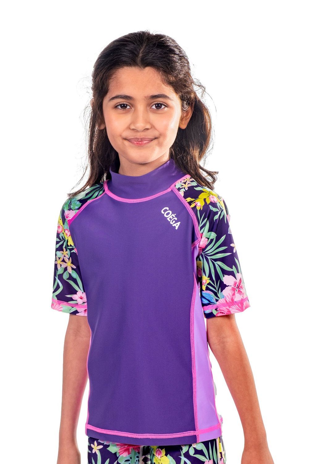 Coega Sunwear - Girl's Short Sleeves Rash Guard - Purple Blue Tropical