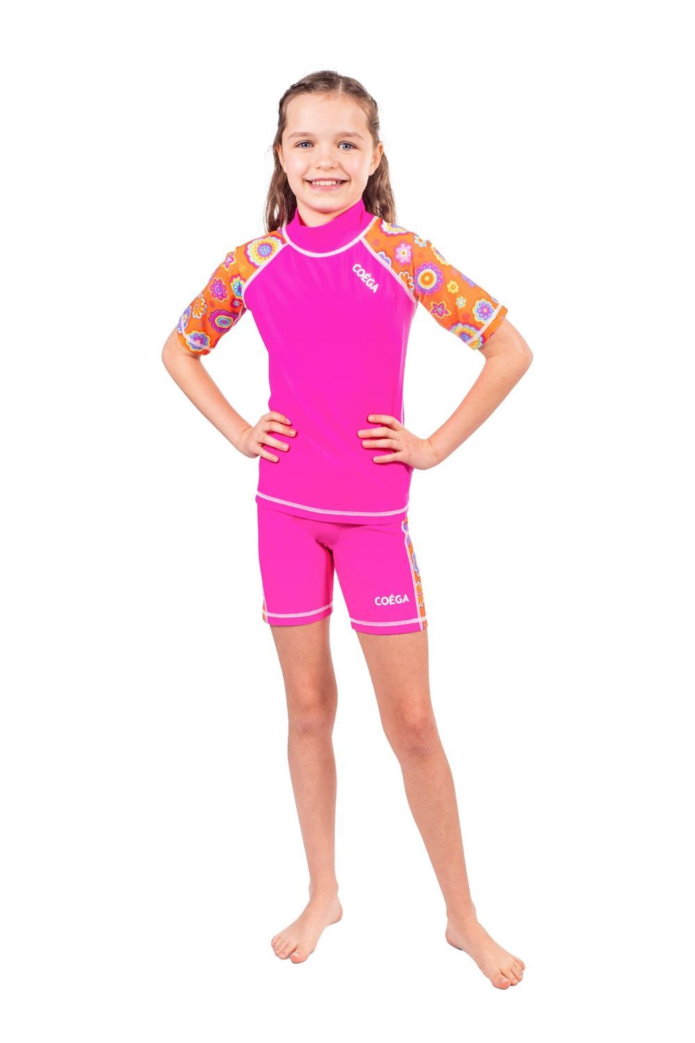 Coega Sunwear - 2pc-Set - Girl's Rash Guard & Swim Shorts - Pink Orange Groovy