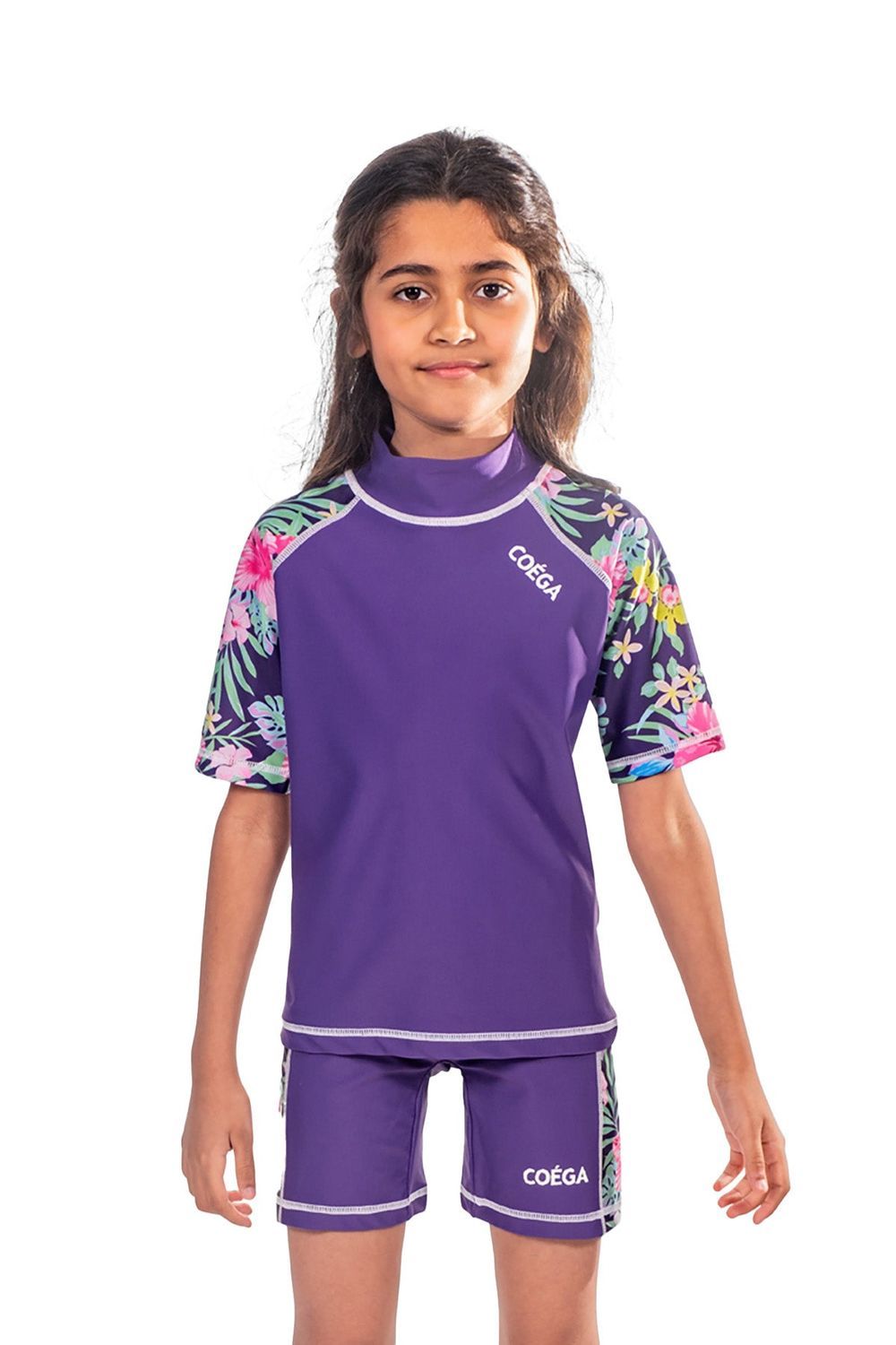 Coega Sunwear - 2pc-Set - Girl's Rash Guard & Swim Shorts - Purple Blue Tropical